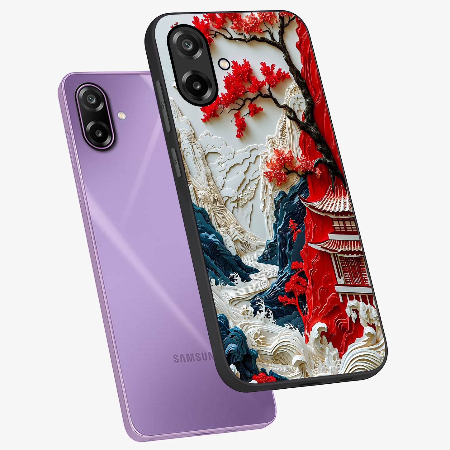 Whispers Of Sakura Waves Glass Case displayed in angled mockup highlighting flowing sakura design with soft floral aesthetic.