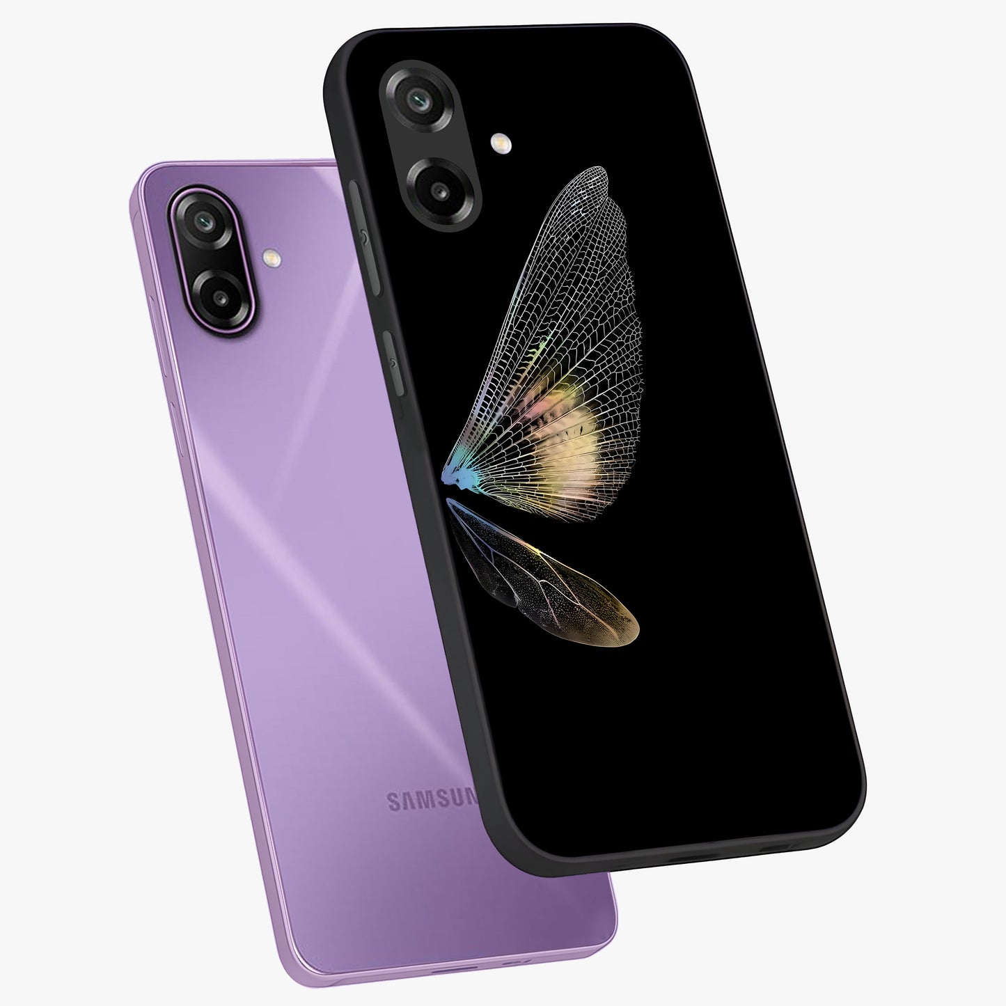 Whispers Of Wings Glass Case displayed in angled mockup highlighting soft feather design with celestial aesthetic style.