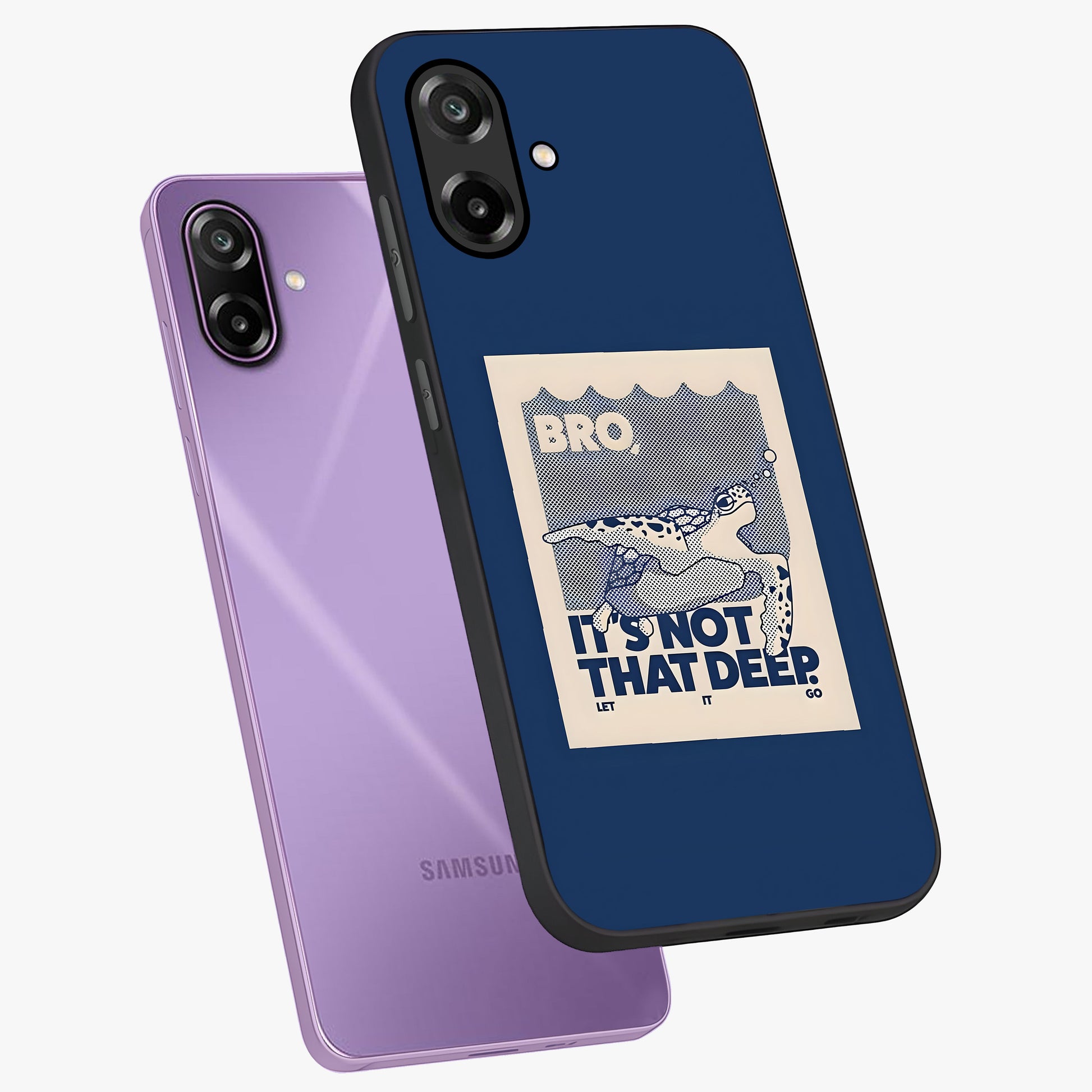 Worry Less Swim Glass Case displayed in angled mockup highlighting fun typography design with relaxed aesthetic style.