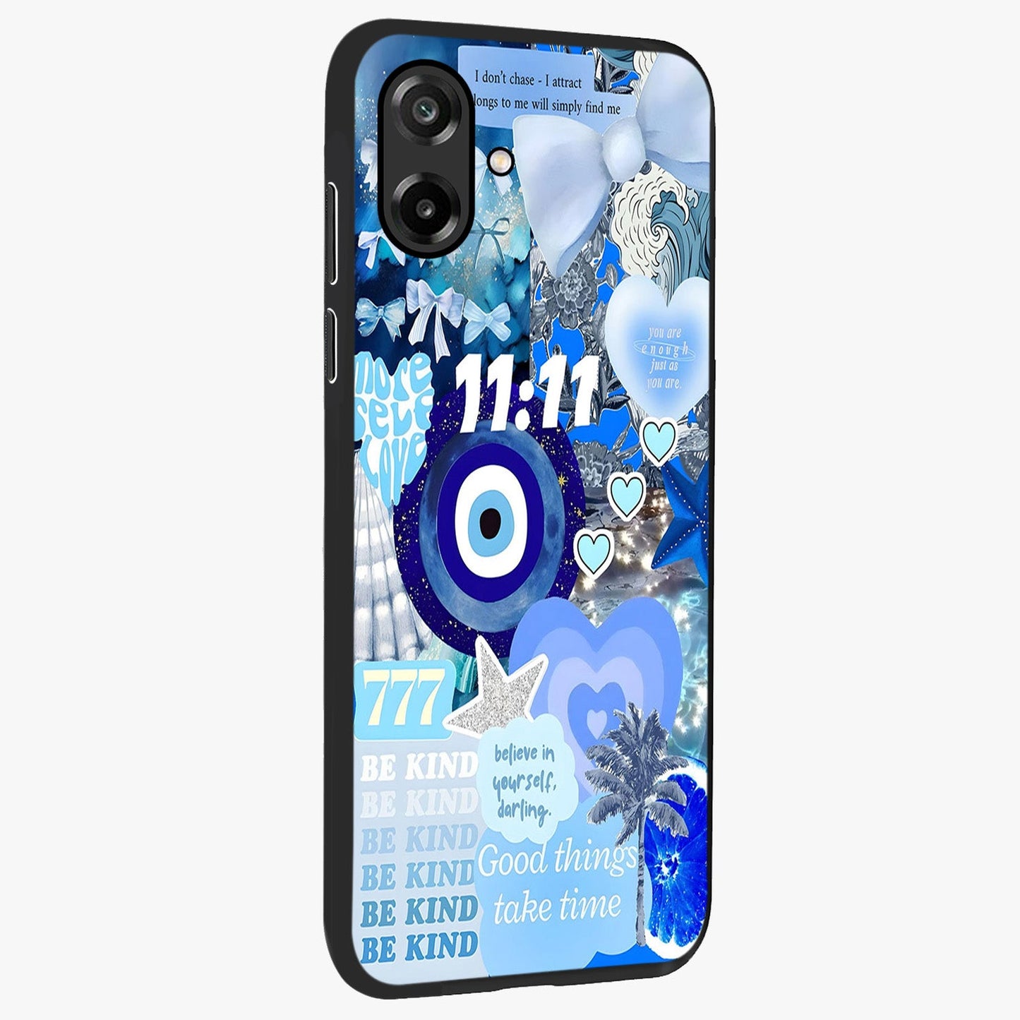 Aesthetic Be Kind Eye Glass Case upright view showcasing stylish eye illustration with positive message theme.