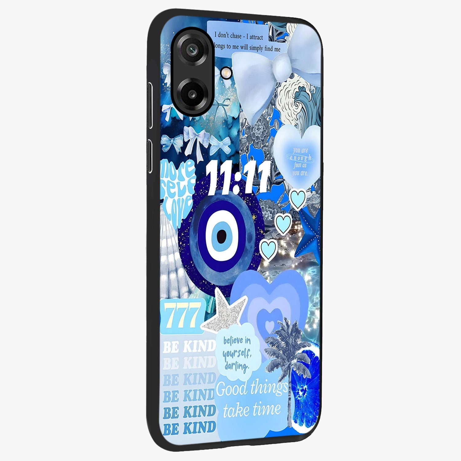 Aesthetic Be Kind Eye Glass Case upright view showcasing stylish eye illustration with positive message theme.