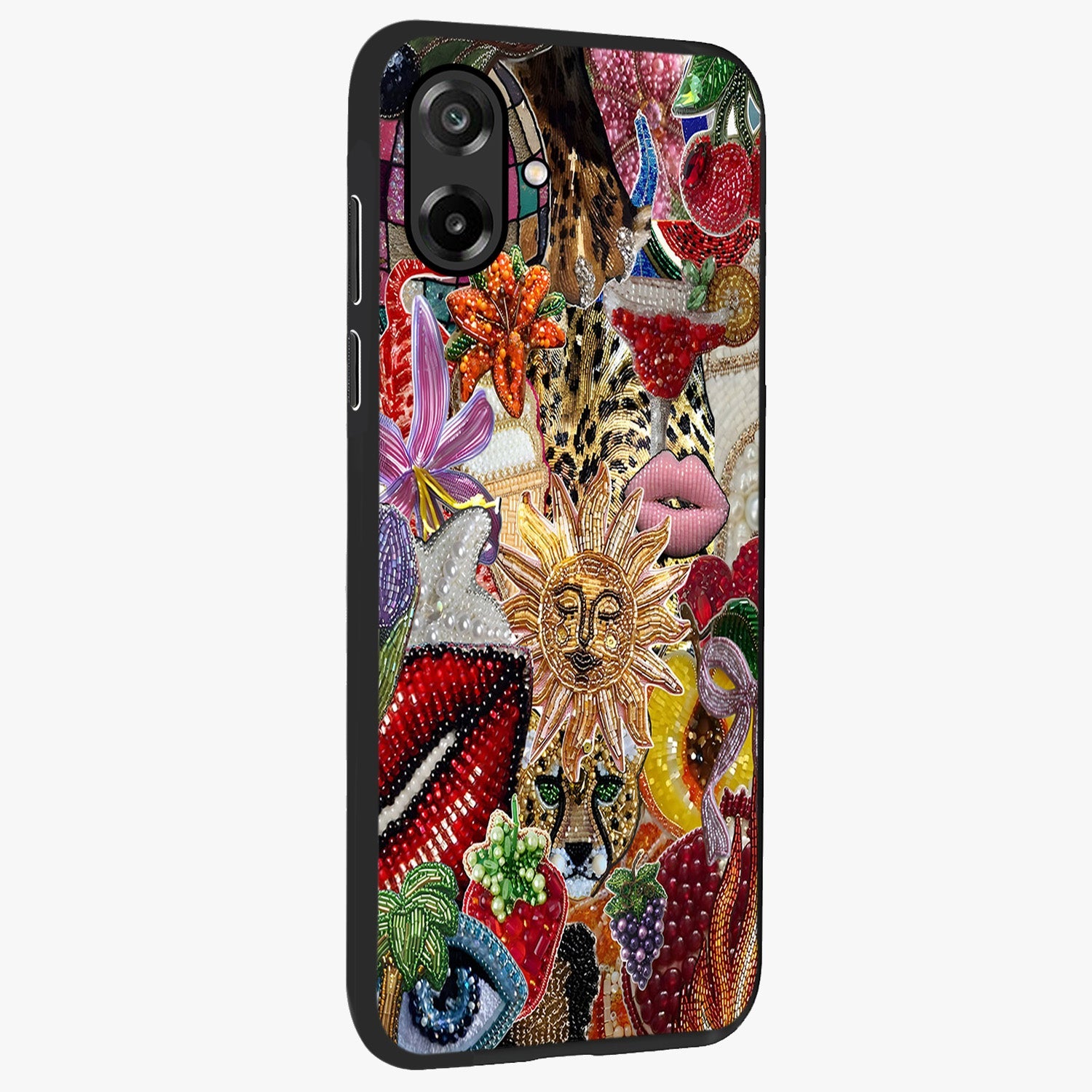 Beaded Fashion Jungle Glass Case upright view showcasing tropical jungle aesthetic with decorative bead elements.