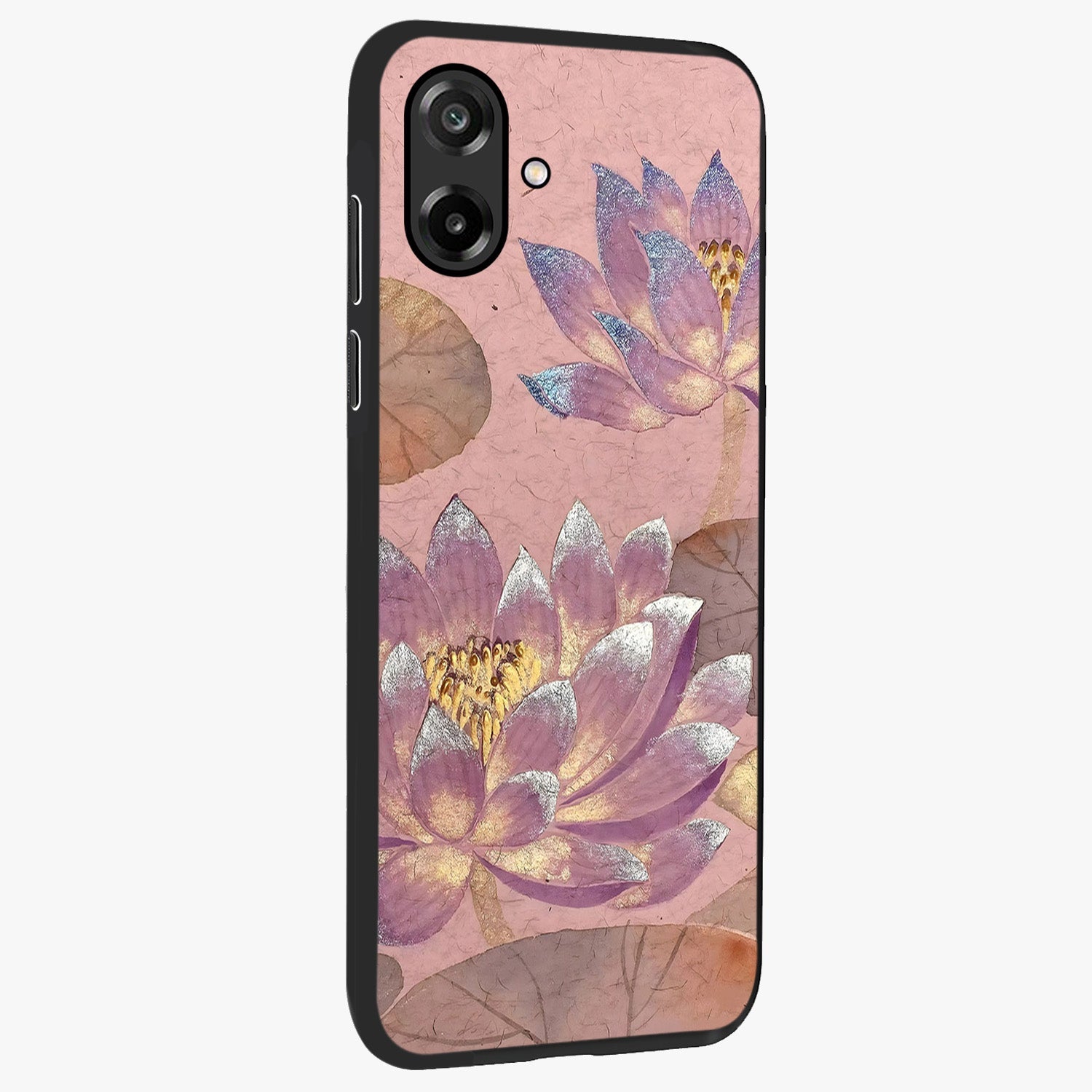 Blossom Mist Lotus Glass Case upright view showcasing graceful lotus flower design with peaceful botanical style.