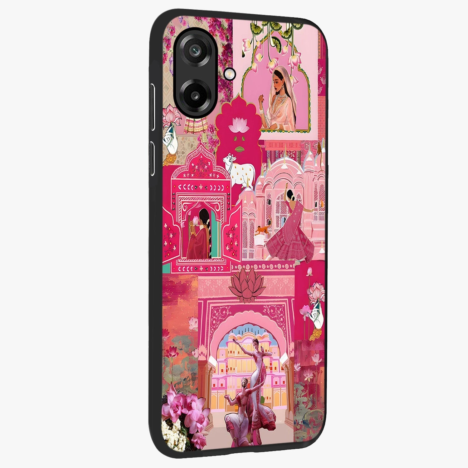 Blossoms of Rajasthan Glass Case upright view showcasing colorful floral design inspired by traditional Indian art.