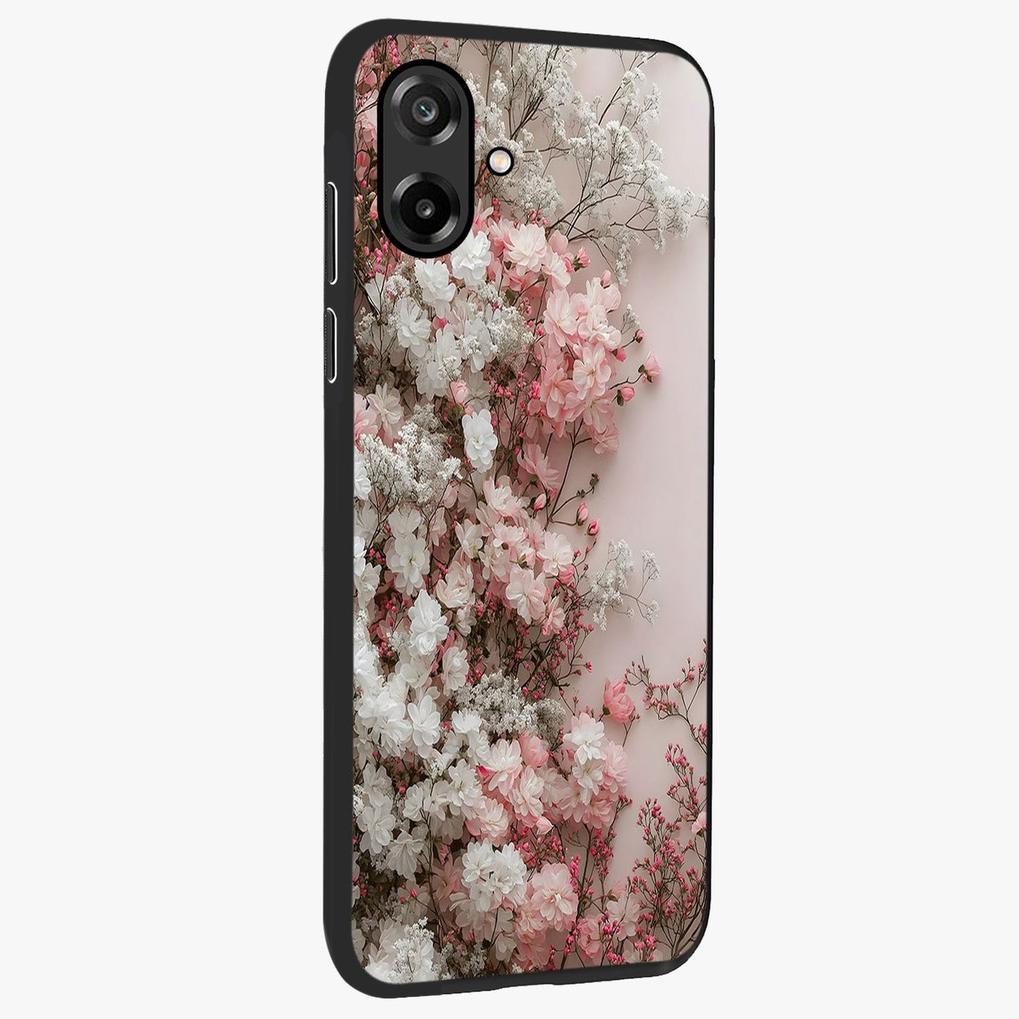 Blush Blossom Cloud Glass Case upright view showcasing calm floral cloud artwork with gentle dreamy theme.