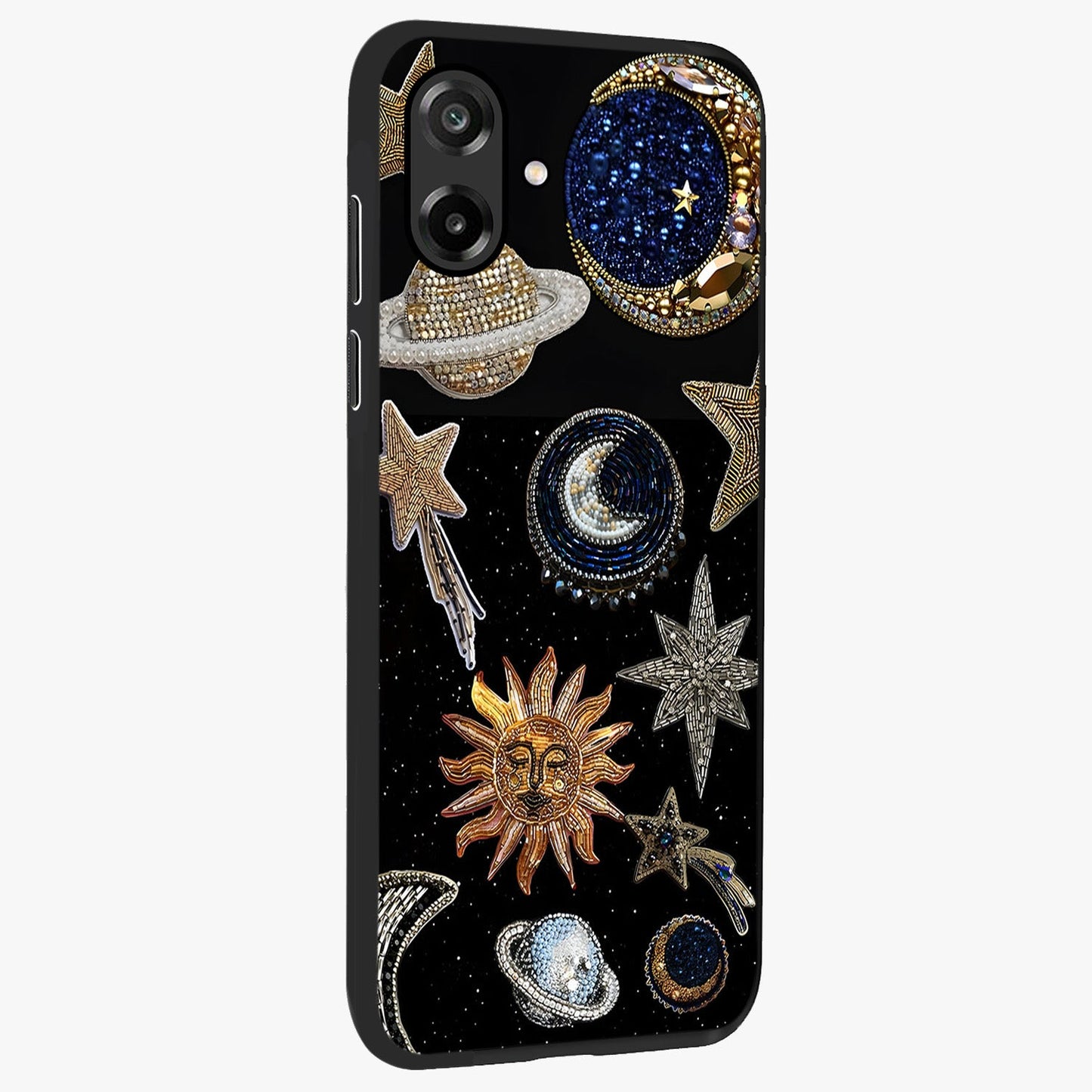 Celestial Gem Constellations Glass Case upright view showcasing cosmic constellation artwork with celestial aesthetic style.