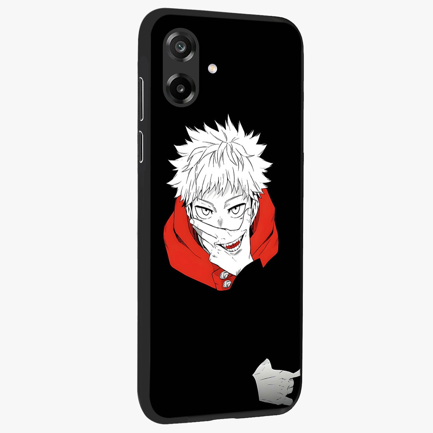Crimson Chaos Smile Glass Case upright view showcasing expressive chaotic artwork with striking visual theme.