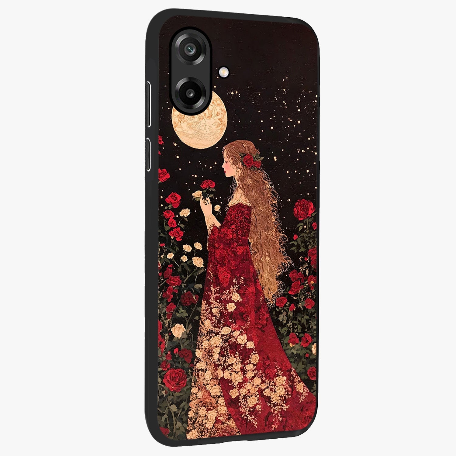 Crimson Dreams Glass Case upright view showcasing dreamy red toned artwork with modern aesthetic style.