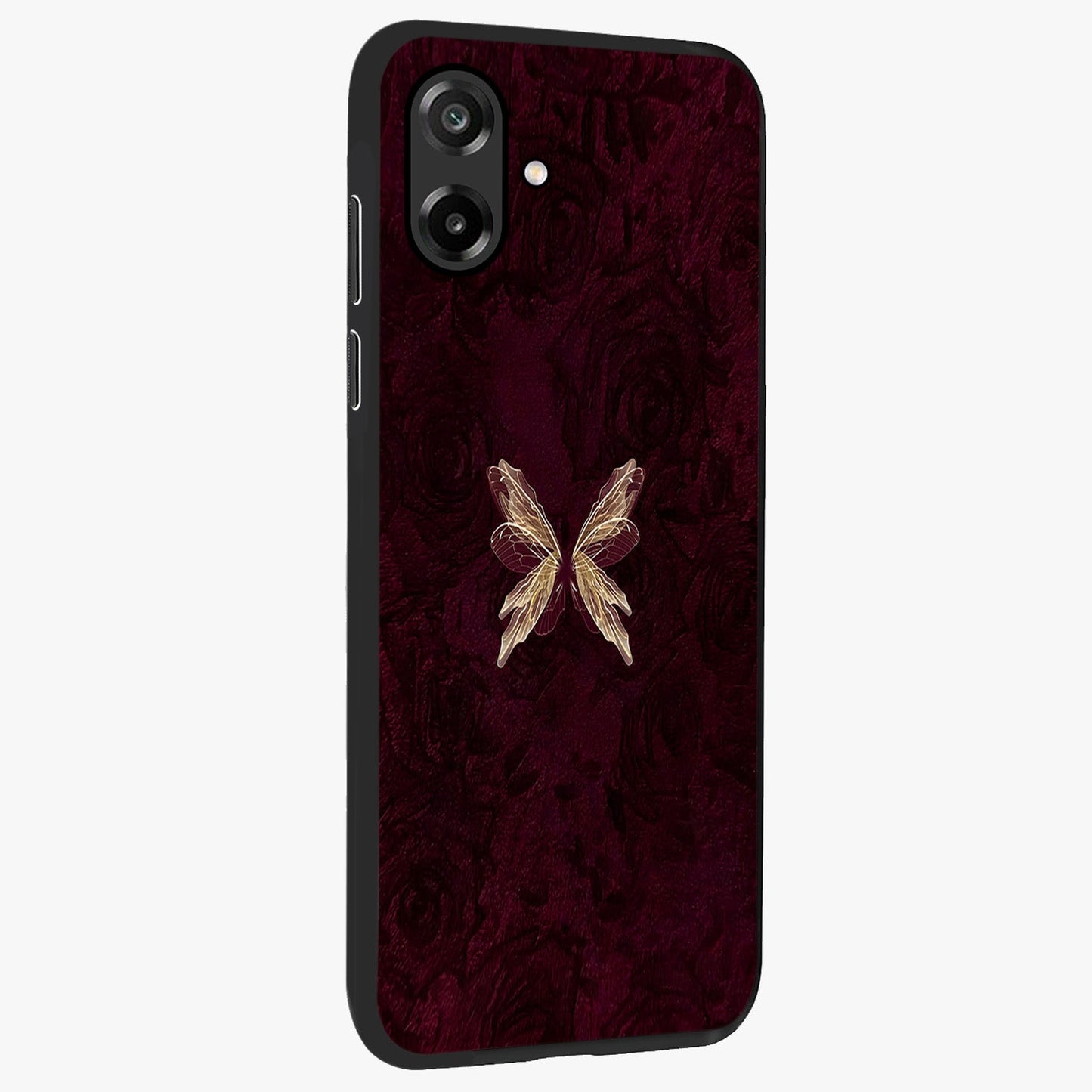 Crimson Fade Butterfly Glass Case upright view showcasing graceful butterfly artwork with soft crimson fade effect.