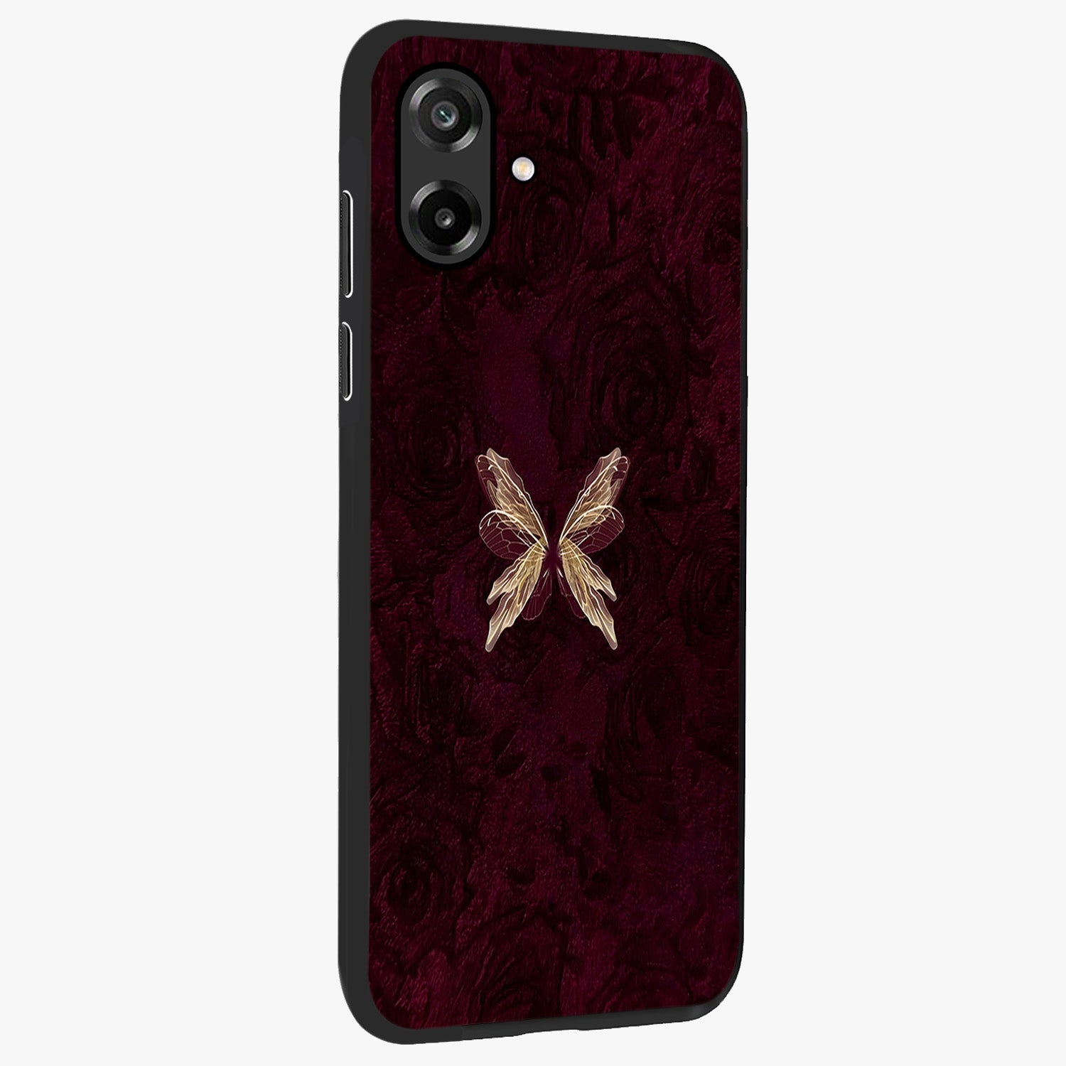 Crimson Fade Butterfly Glass Case upright view showcasing graceful butterfly artwork with soft crimson fade effect.