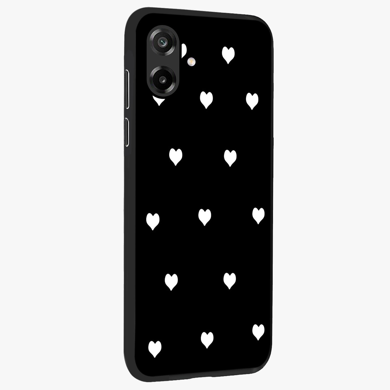 Cute And Simple White Hearts Glass Case upright view showcasing simple white hearts artwork with soft minimal theme.