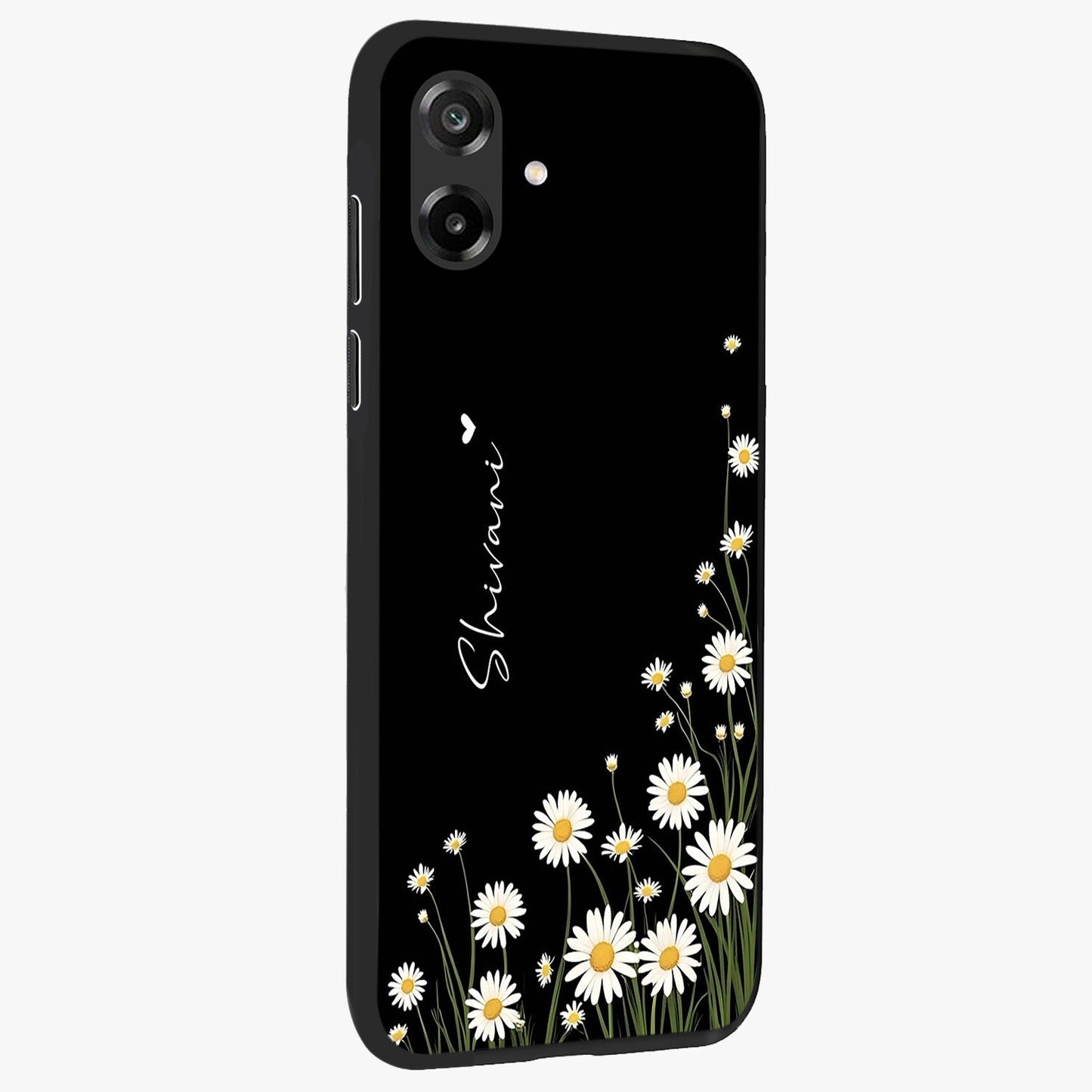 Daisy Cascade Custom Name Glass Case upright view showcasing elegant floral cascade design with personalized aesthetic.