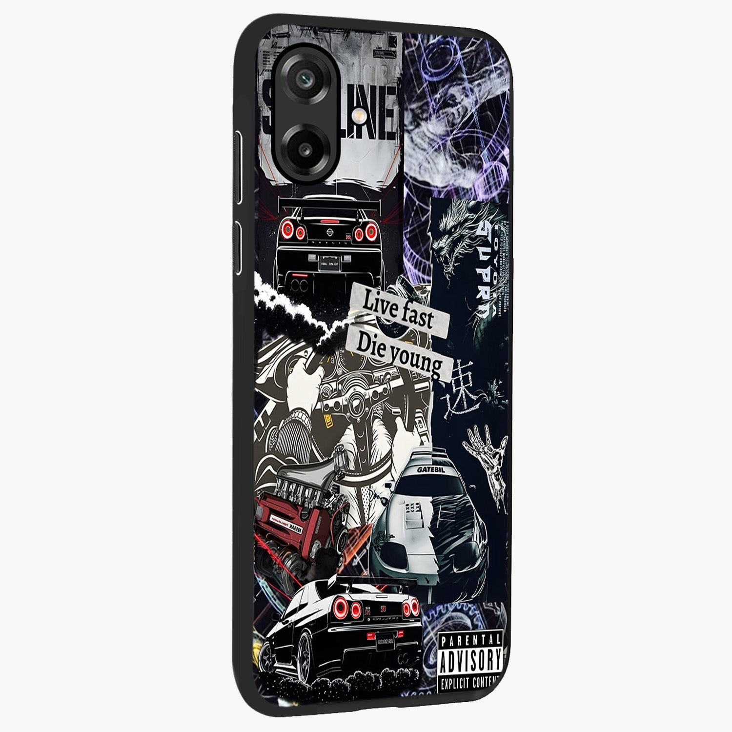 Die Young Glass Case upright view showcasing striking typography artwork with modern statement theme.