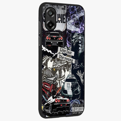Die Young Glass Case upright view showcasing striking typography artwork with modern statement theme.