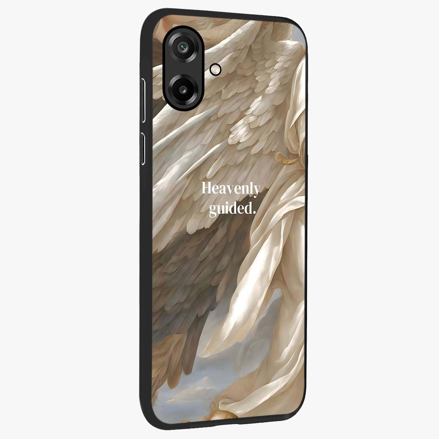 Divine Winged Grace Glass Case upright view showcasing spiritual wing artwork with soft celestial theme.
