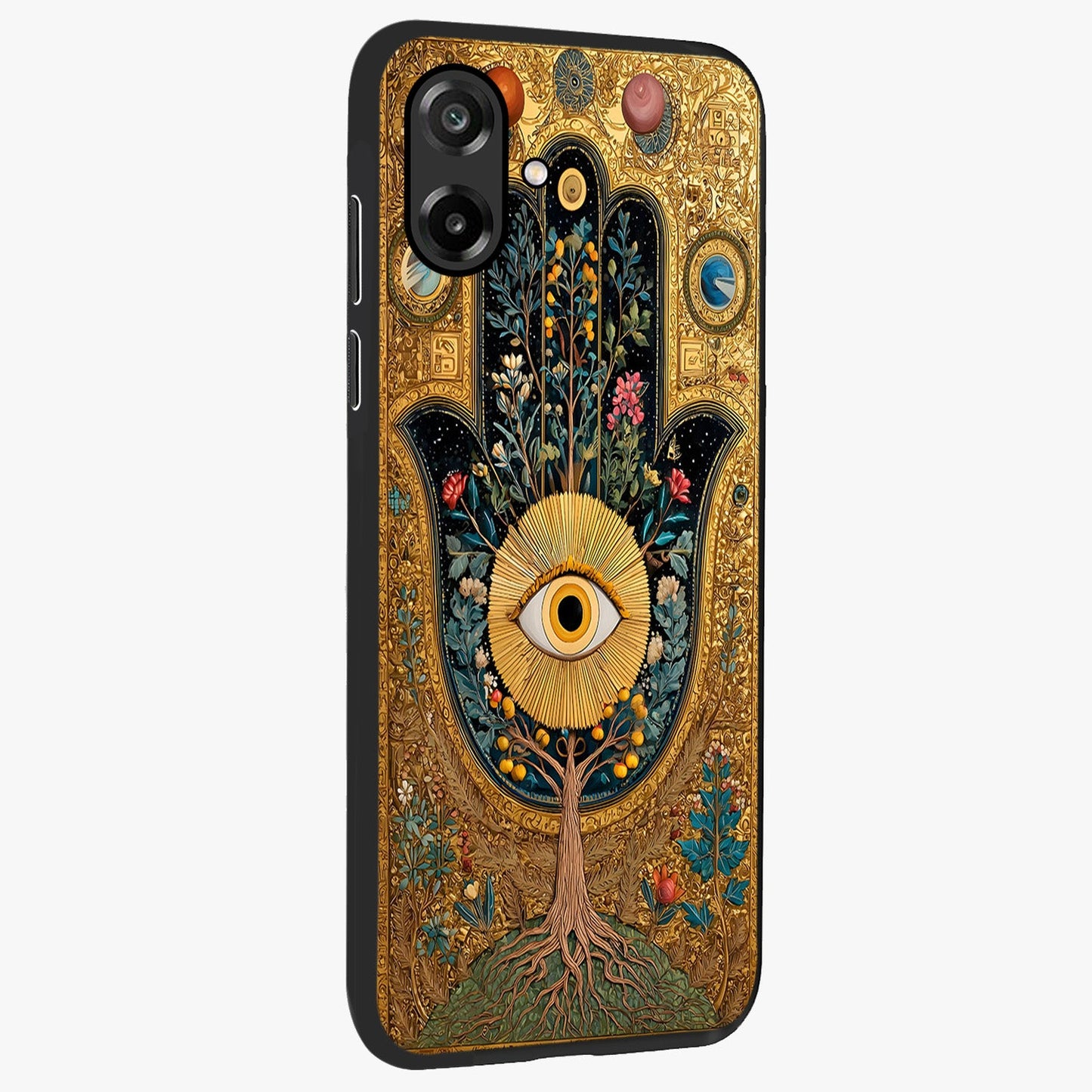 Ethereal Evil Eye Glass Case upright view showcasing celestial evil eye artwork with mystical theme.