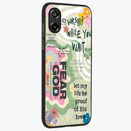 Faith Over Fear Glass Case upright view showcasing bold typography artwork with uplifting motivational theme.