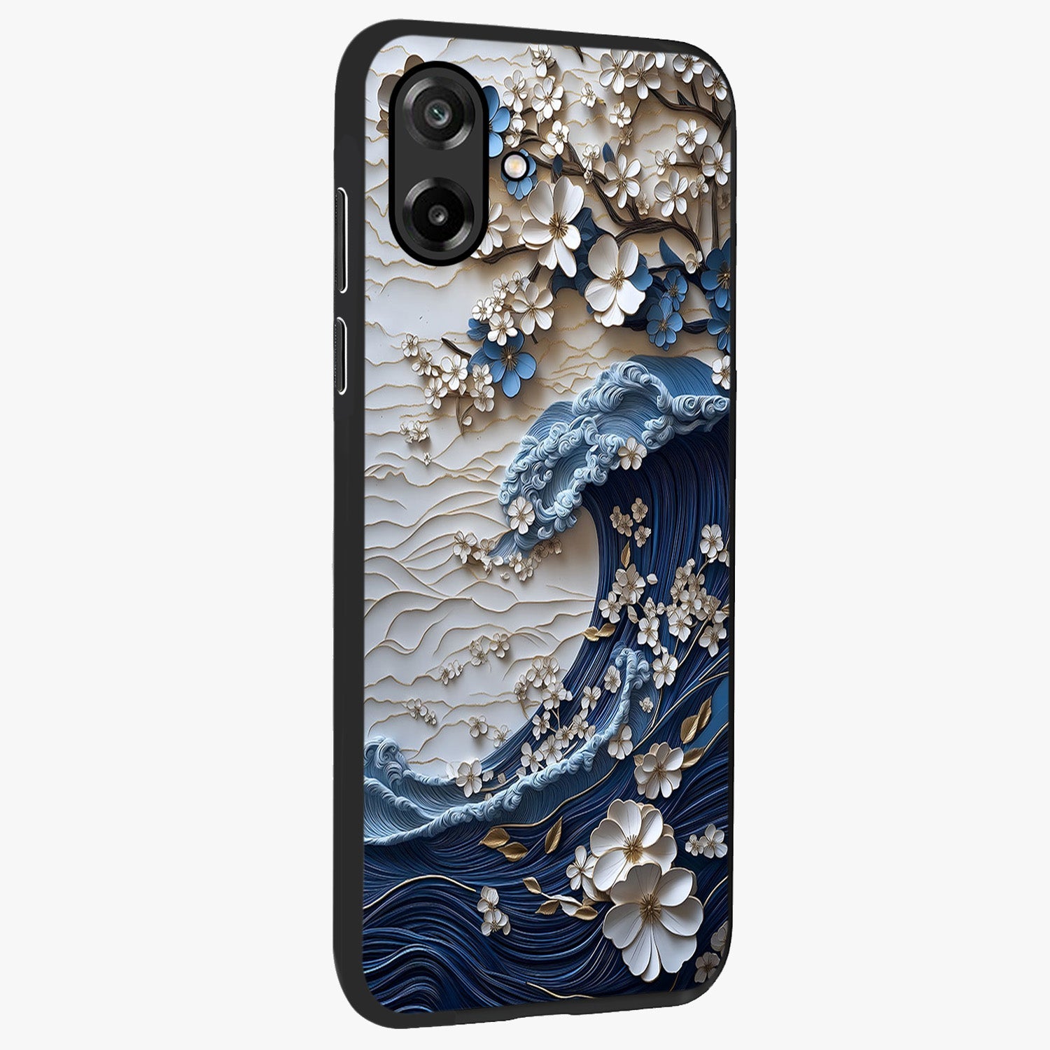 Floral Wave Origami Glass Case upright view showcasing creative floral origami artwork with artistic decorative theme.