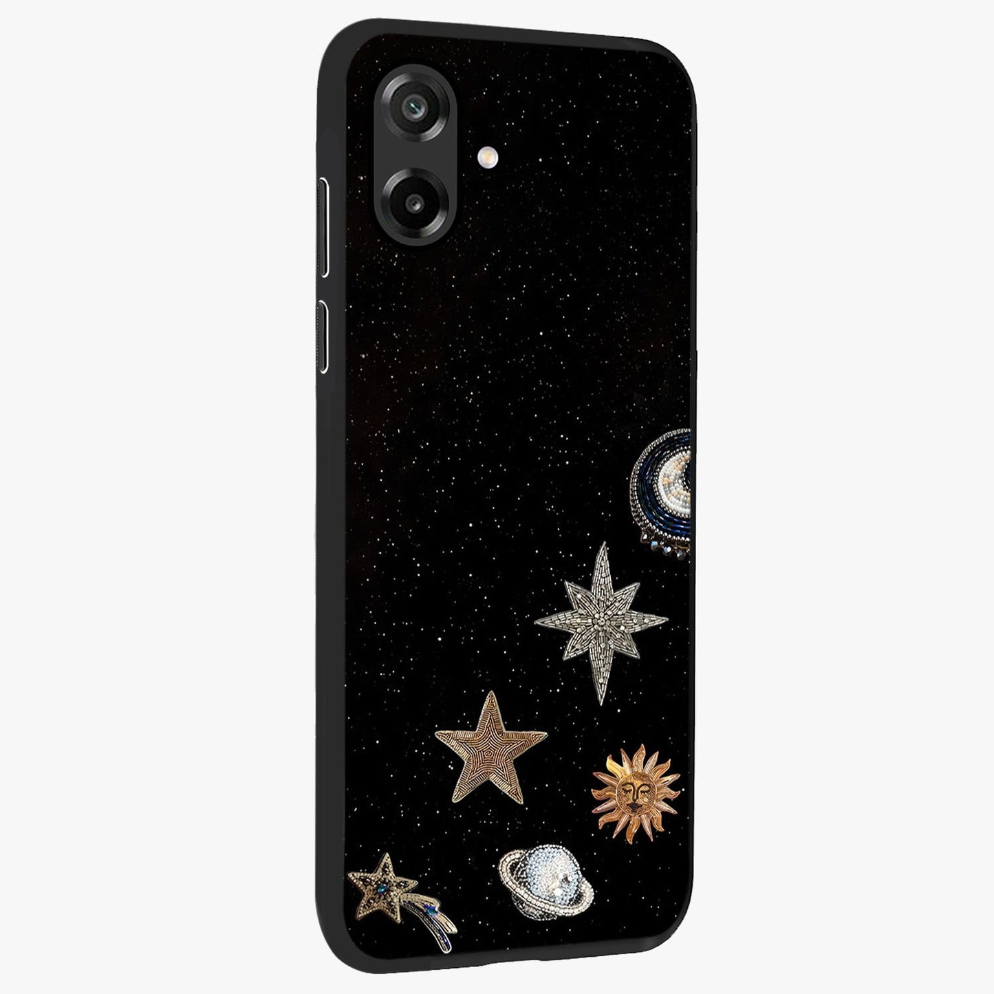 Galactic Charm Glow Glass Case upright view showcasing glowing cosmic charm artwork with magical celestial style.