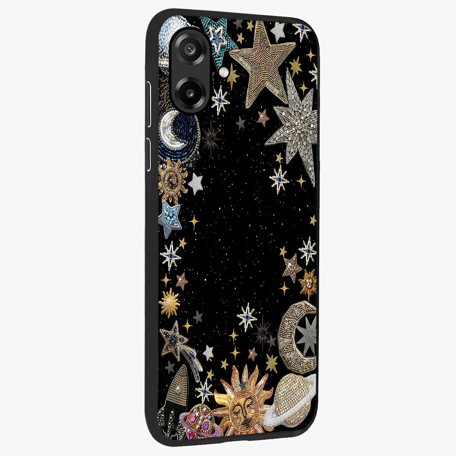 Galactic Jewel Stars Glass Case upright view showcasing glittering star jewel artwork with vibrant galaxy theme.
