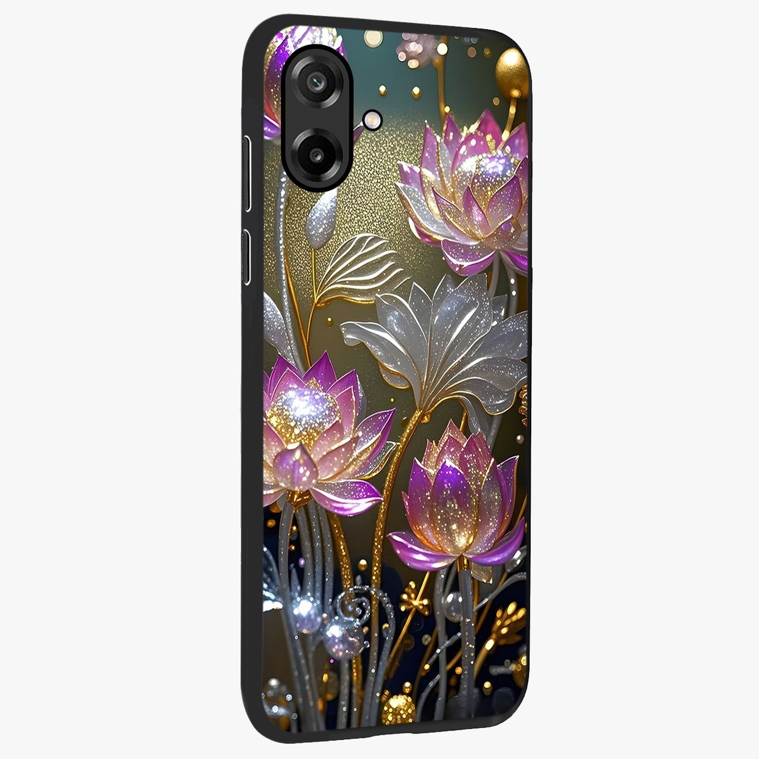 Golden Floral Majesty Glass Case upright view showcasing majestic floral artwork with rich decorative theme.