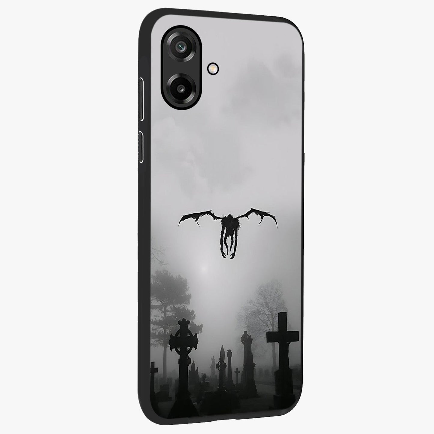 Graveyard Shadow Descent Glass Case upright view showcasing haunting graveyard artwork with dramatic dark theme.
