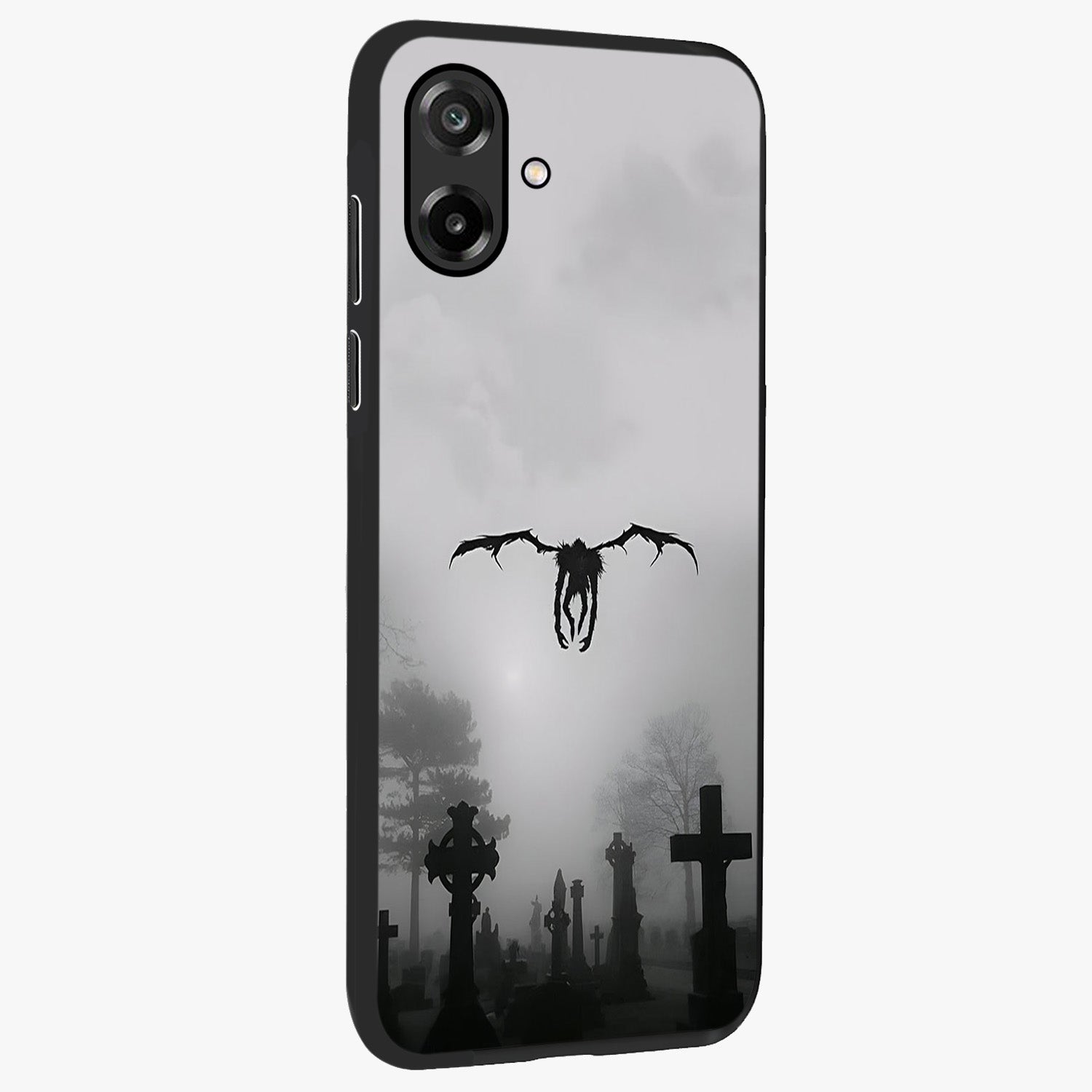 Graveyard Shadow Descent Glass Case upright view showcasing haunting graveyard artwork with dramatic dark theme.