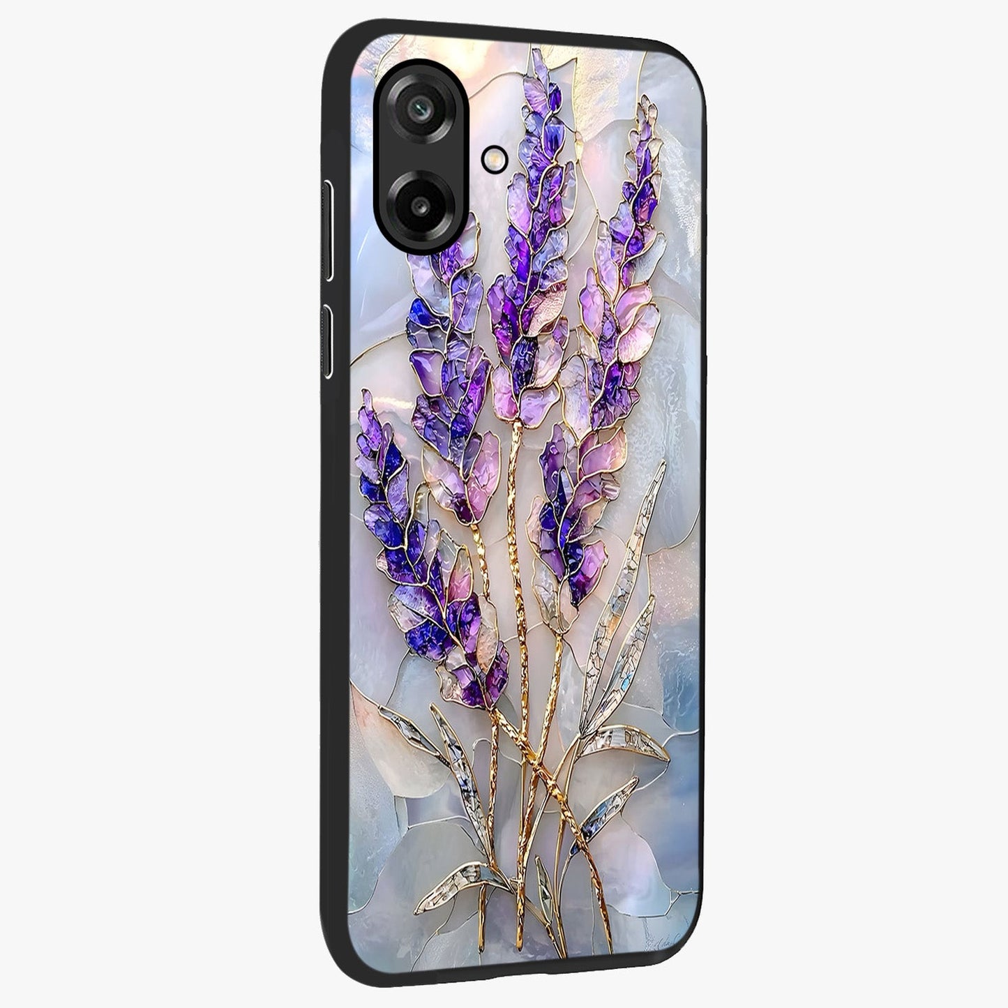 Lavender Dream Glow Glass Case upright view showcasing radiant lavender glow artwork with calming dreamy theme.