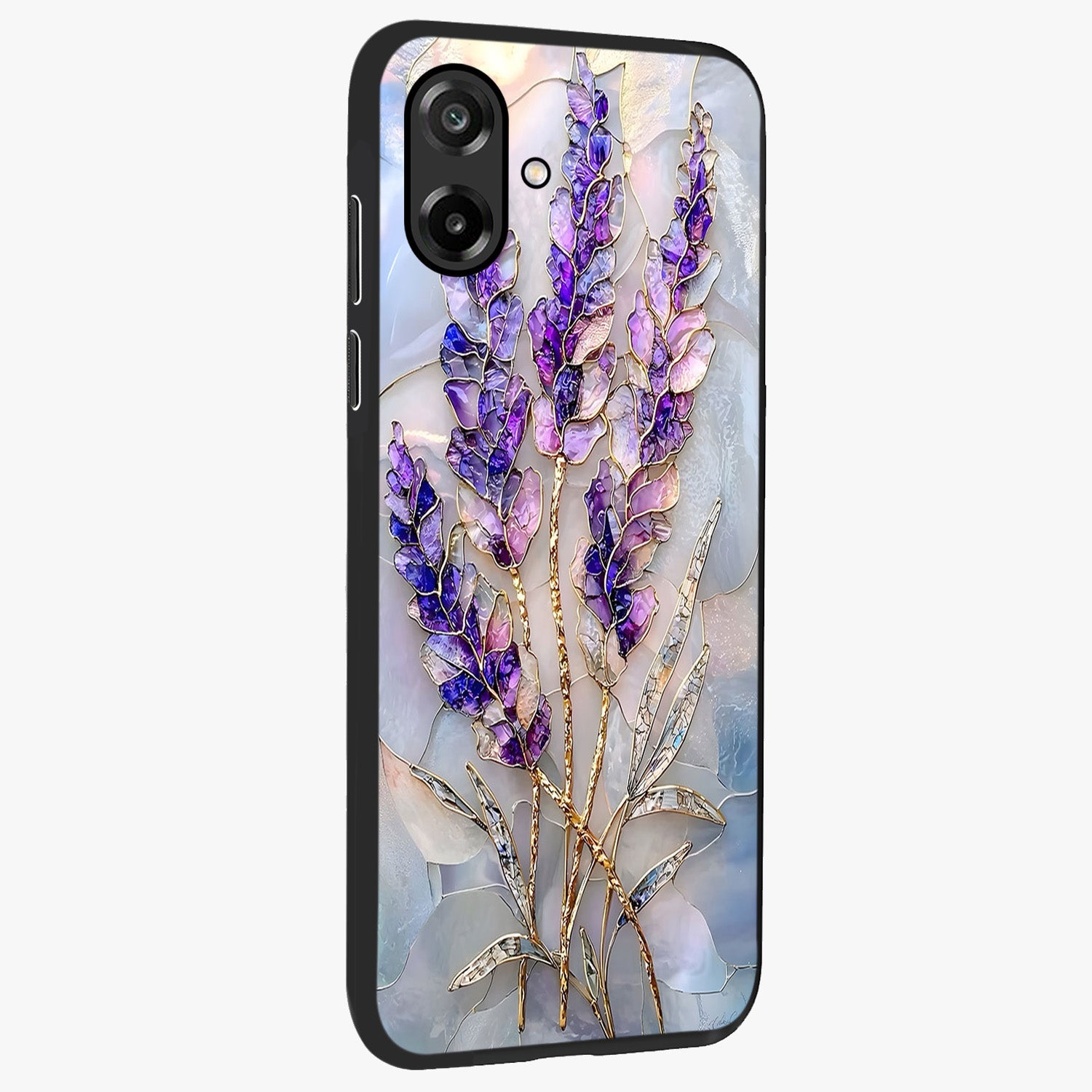 Lavender Dream Glow Glass Case upright view showcasing radiant lavender glow artwork with calming dreamy theme.