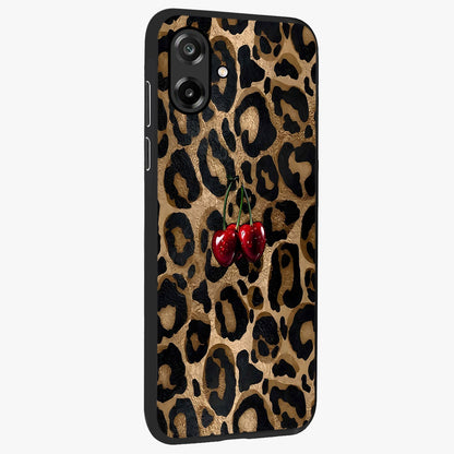 Leopard Wild Cherry Glass Case upright view showcasing stylish leopard pattern artwork with trendy fashion theme.