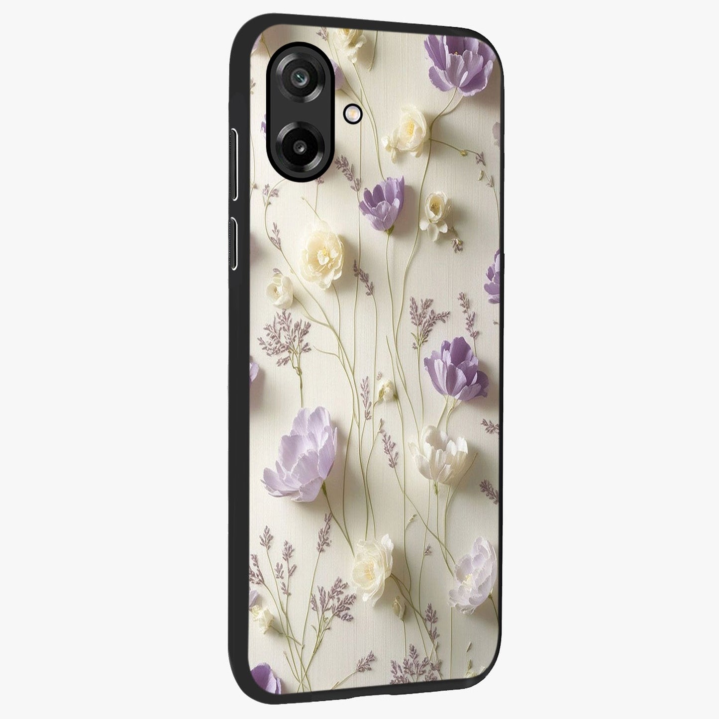 Lilac Breeze Harmony Glass Case upright view showcasing delicate lilac artwork with peaceful floral theme.