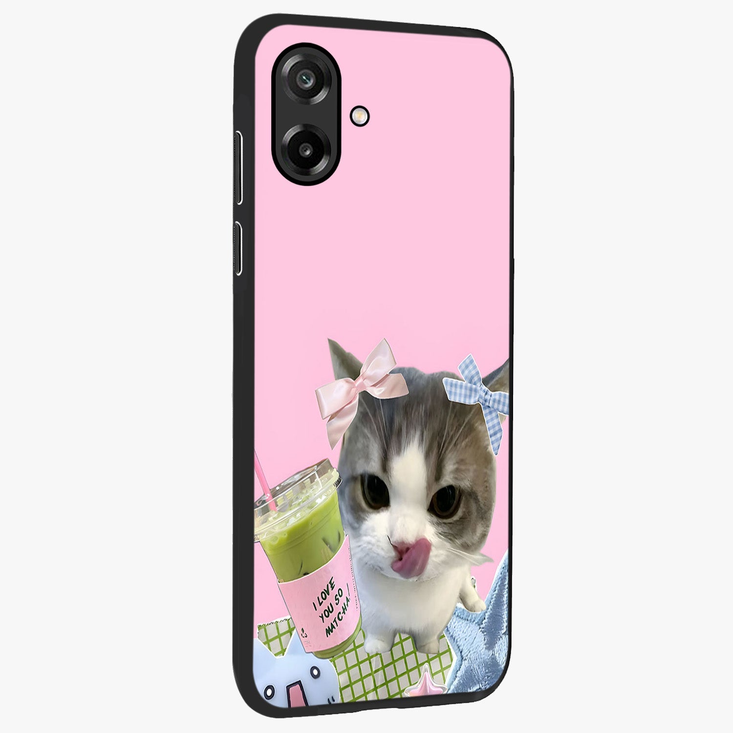 Love Matcha Cat Glass Case upright view showcasing adorable cat artwork with charming matcha themed design.