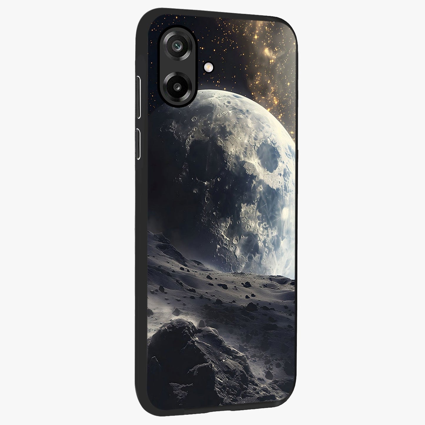 Lunar Horizon Glow Glass Case upright view showcasing radiant lunar artwork with calm cosmic theme.