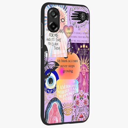 Manifestation Collage Glass Case upright view showcasing artistic manifestation themed artwork with creative style.