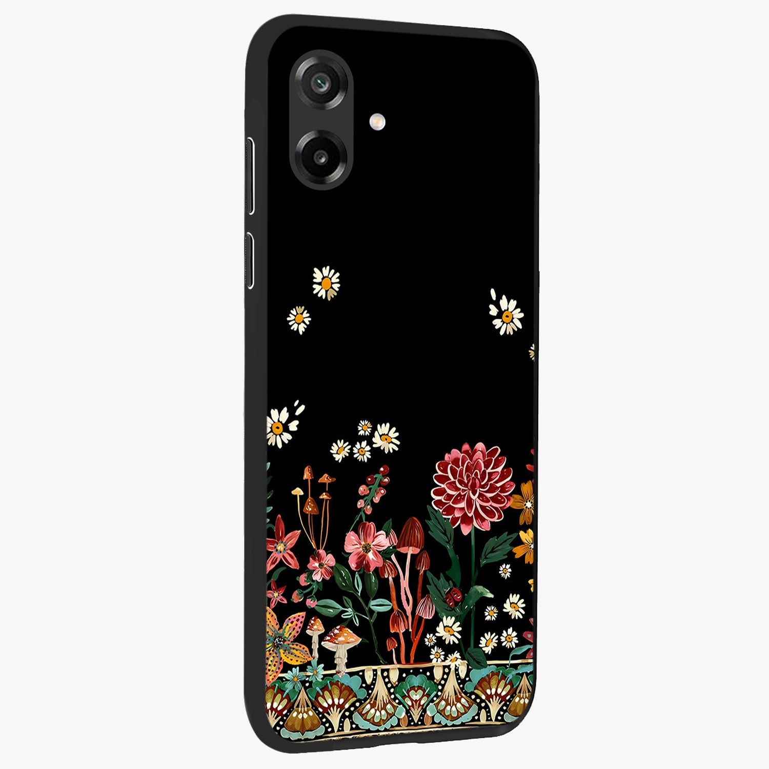 Midnight Bloom Pattern Glass Case upright view showcasing decorative floral artwork with deep night themed palette.