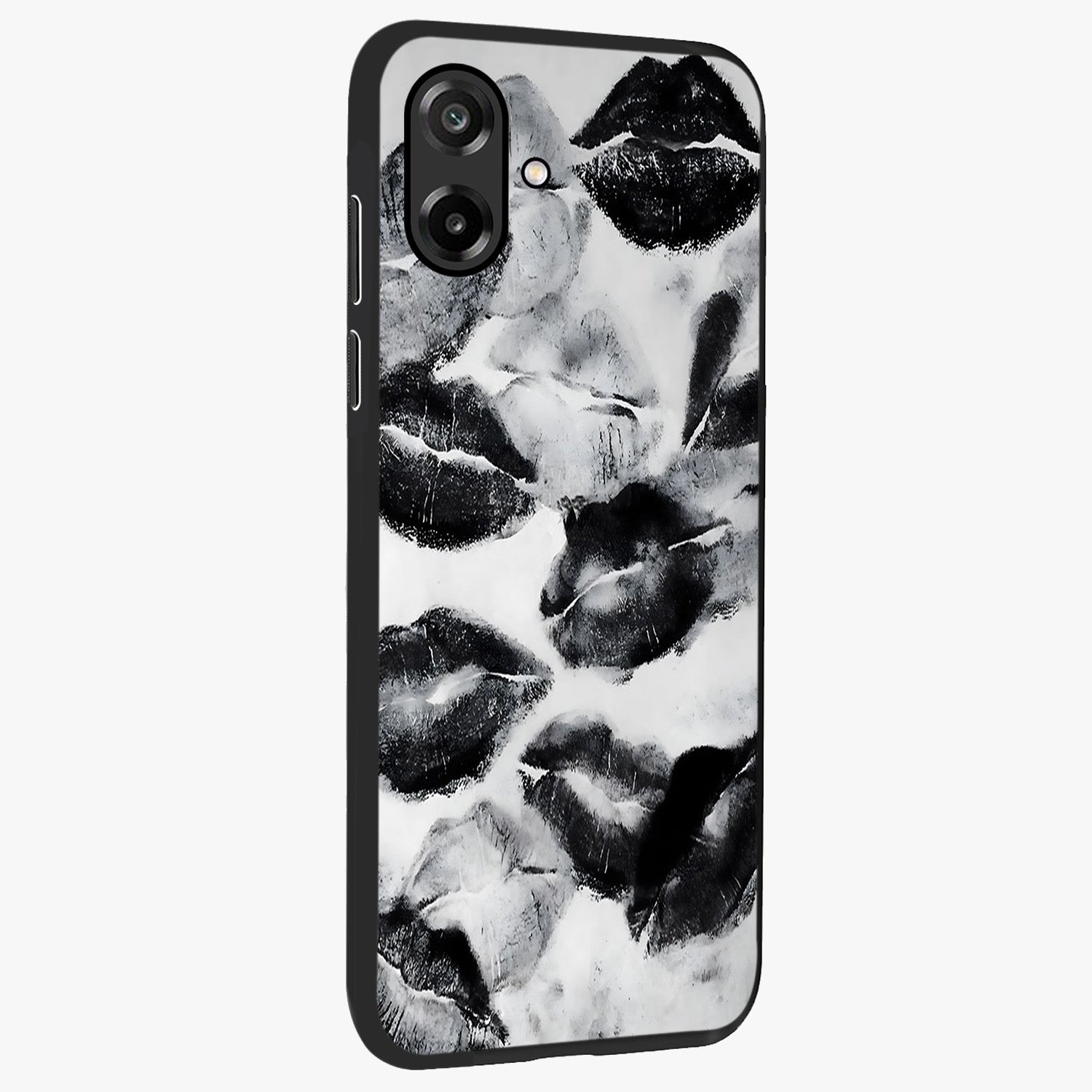 Midnight Kiss Marks Glass Case upright view showcasing stylish kiss mark artwork with trendy romantic theme.