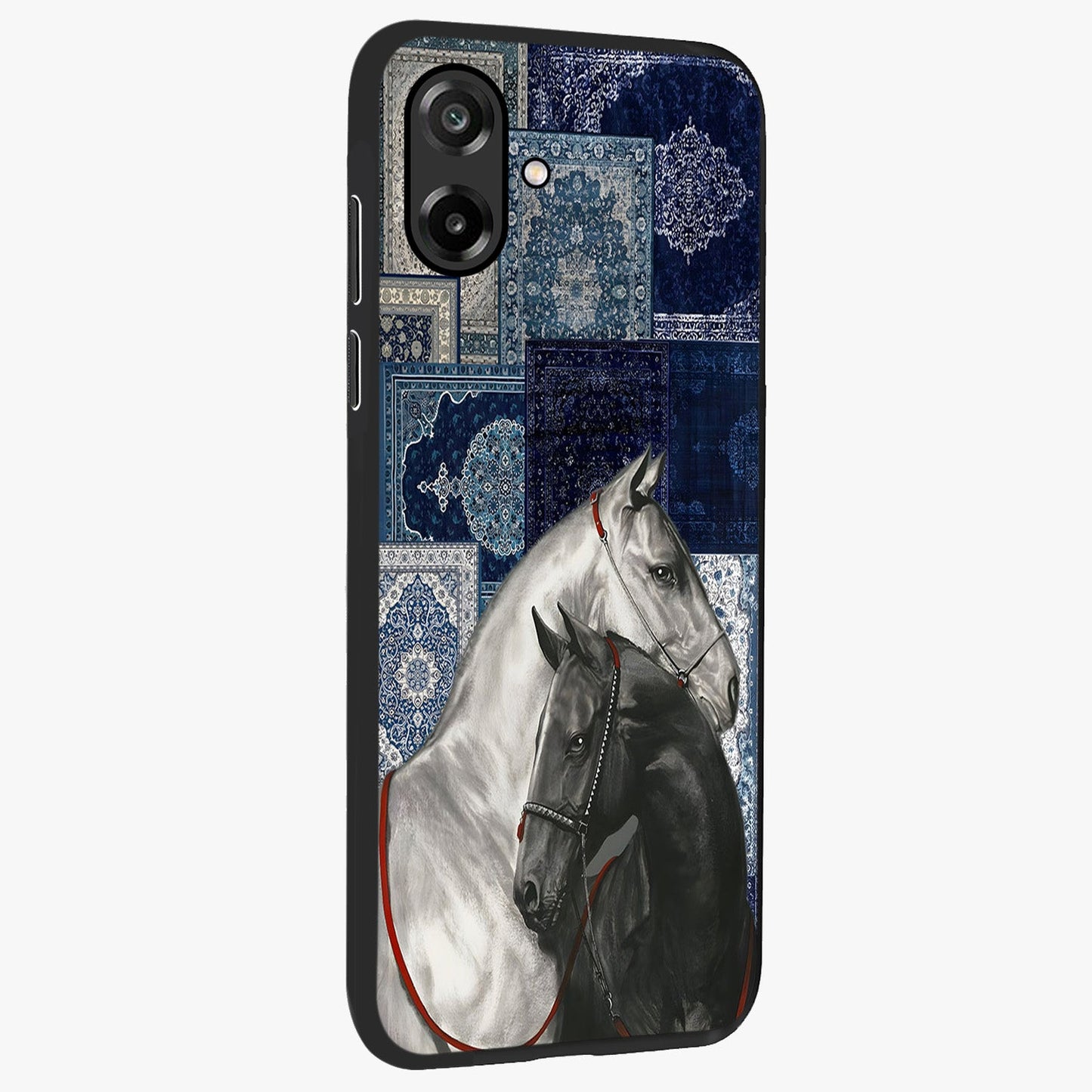 Midnight Stallion Blues Glass Case upright view showcasing dramatic horse artwork with bold artistic theme.