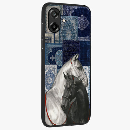 Midnight Stallion Blues Glass Case upright view showcasing dramatic horse artwork with bold artistic theme.