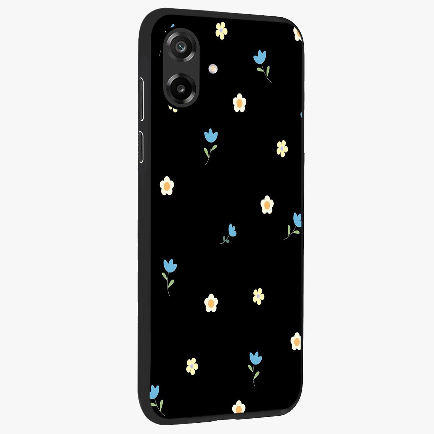 Minimal Petal Whispers Glass Case upright view showcasing elegant floral artwork with modern minimalist style.