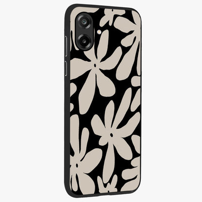 Monochrome Petal Dance Glass Case upright view showcasing artistic floral pattern with stylish monochrome theme.