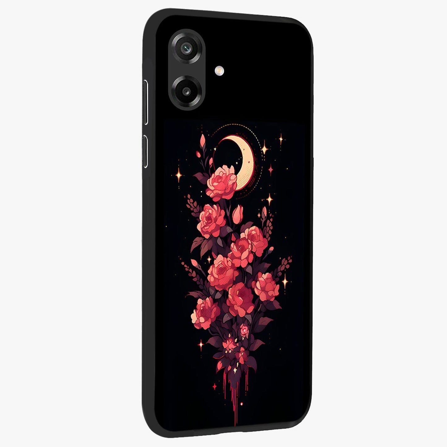 Moonlit Floral Elegance Glass Case upright view showcasing delicate floral artwork with refined night inspired theme.