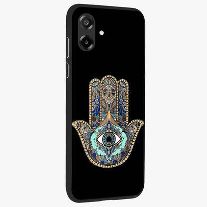 Mystic Hamsa Eye Glass Case upright view showcasing detailed hamsa eye artwork with protective spiritual theme.