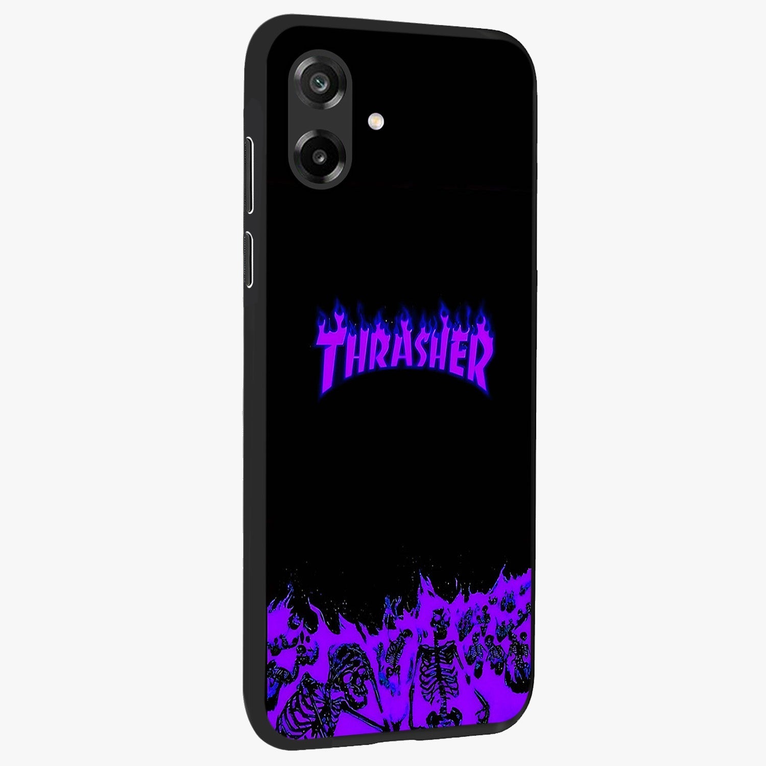 Neon Flame Riot Glass Case upright view showcasing dynamic flame artwork with energetic neon theme.