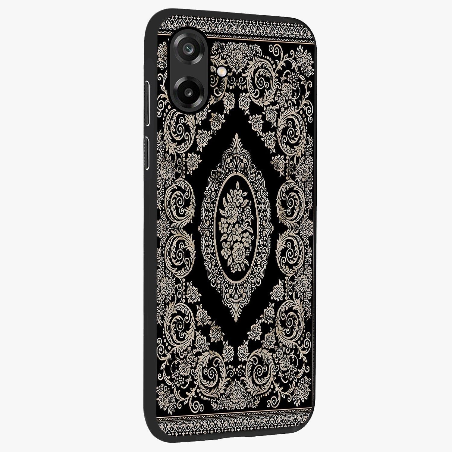 Noir Bloom Elegance Glass Case upright view showcasing graceful floral artwork with luxurious dark theme.