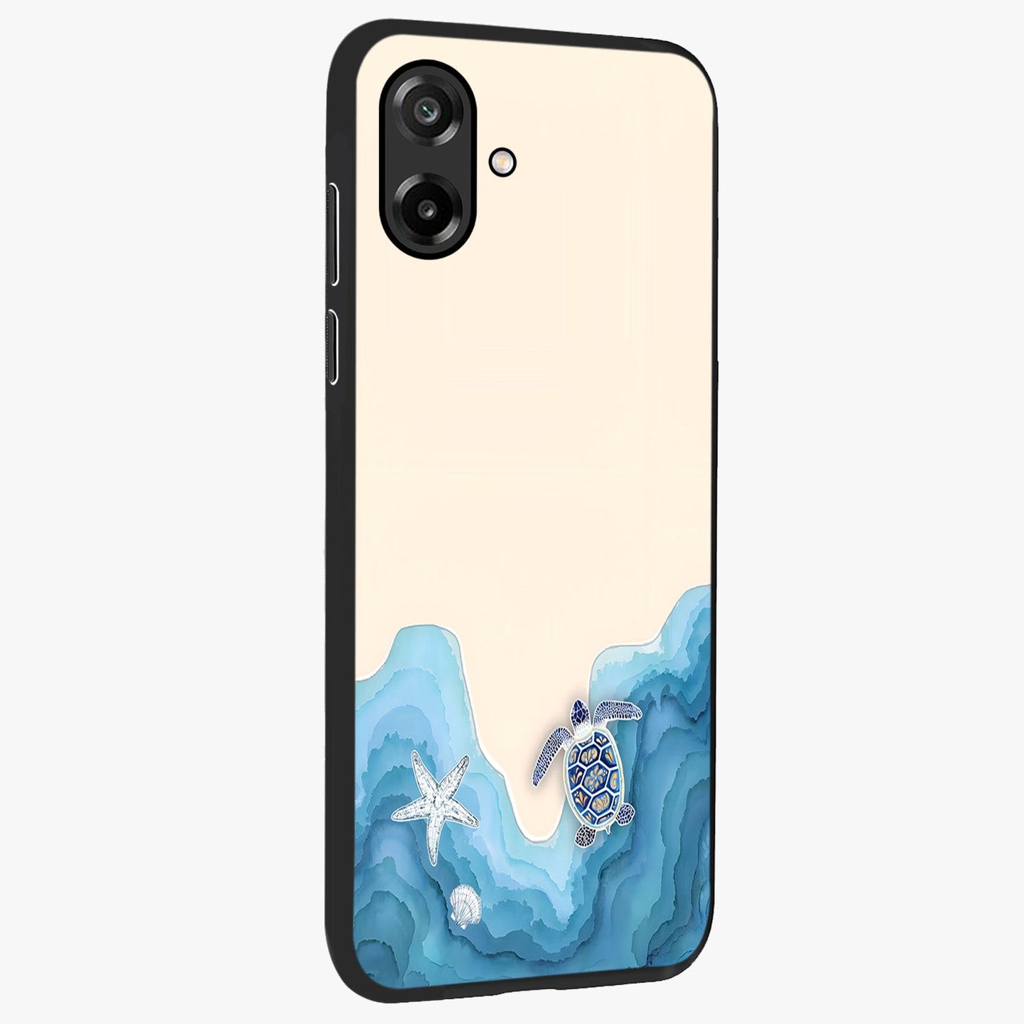 Ocean Drift Turtle Glass Case upright view showcasing calm underwater turtle artwork with nature inspired theme.