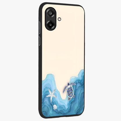 Ocean Drift Turtle Glass Case upright view showcasing calm underwater turtle artwork with nature inspired theme.