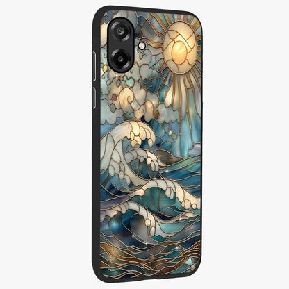 Oceanic Stained Printed Glass Case upright view showcasing decorative ocean pattern artwork with vibrant marine theme.