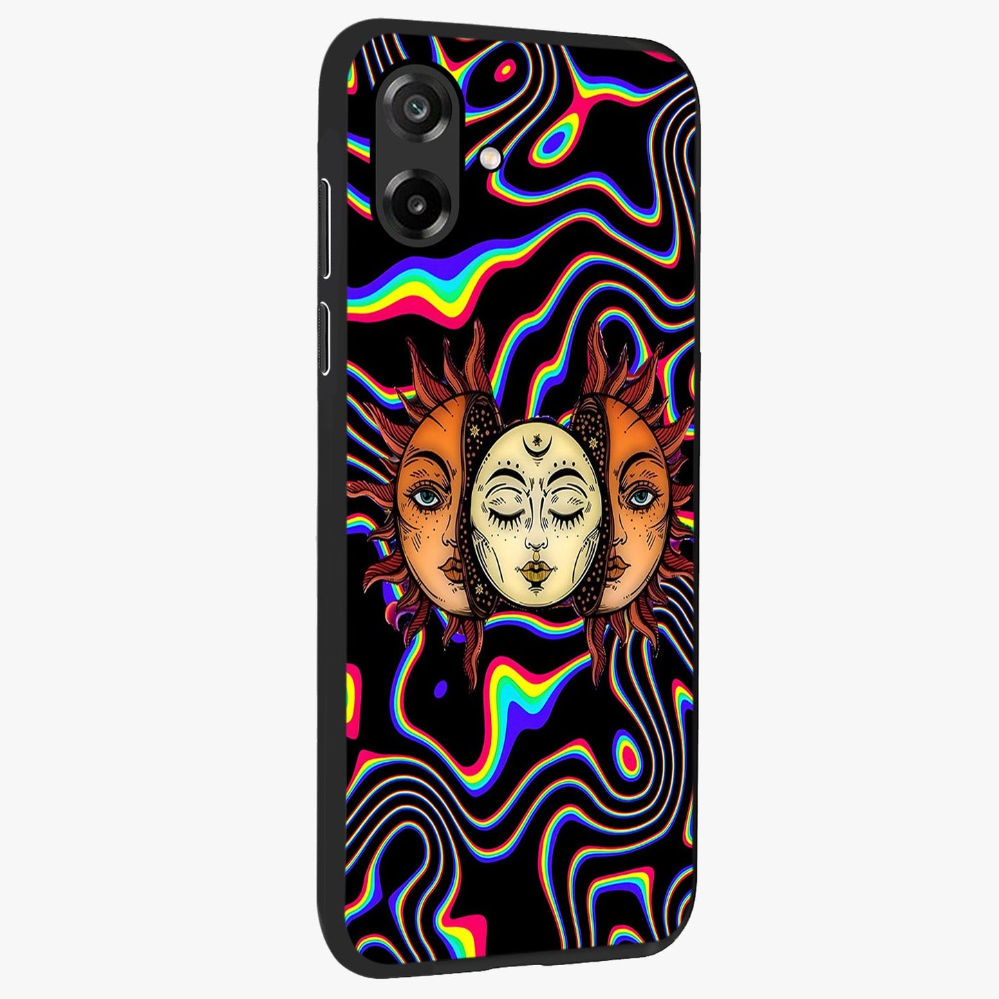 Psychedelic Sun Glass Case upright view showcasing trippy sun artwork with bold psychedelic theme.