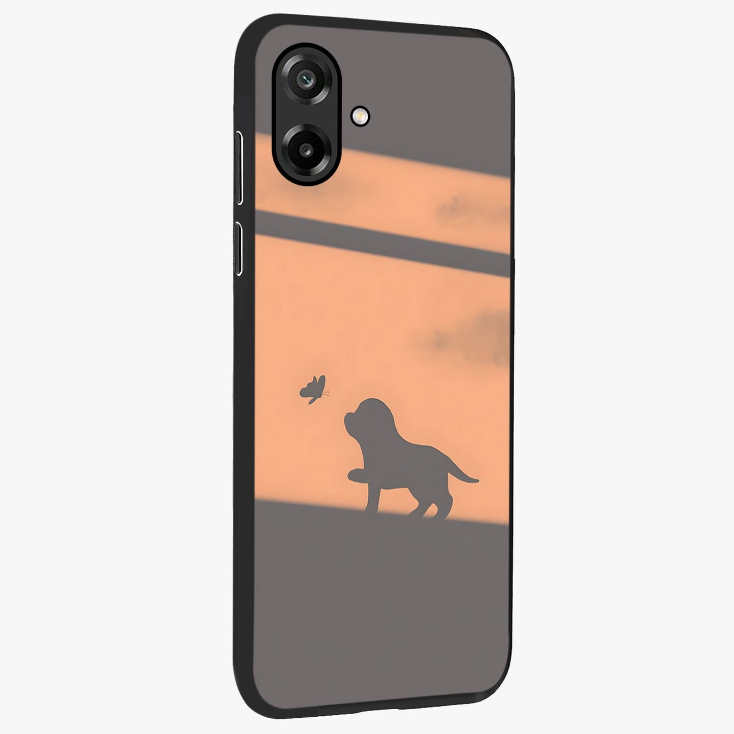Puppy Shadow Art Glass Case upright view showcasing charming puppy artwork with creative silhouette theme.