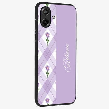 Purple Diamond Floral Glass Case upright view showcasing vibrant floral artwork with stylish geometric theme.